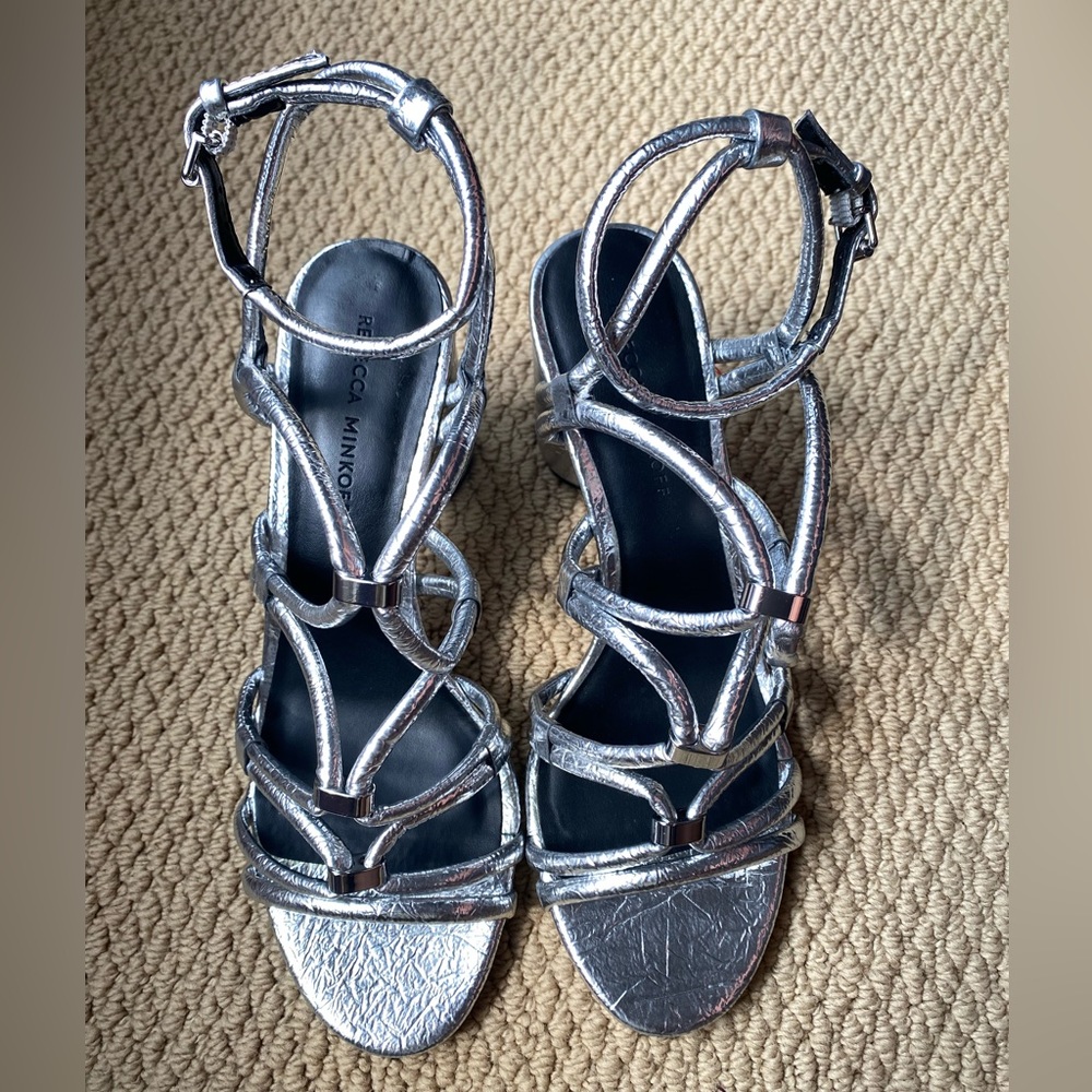 Rebecca Minkoff Silver Crinkle Apolline Sandal Heels